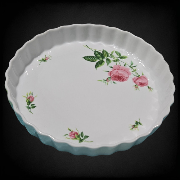 1950s Vintage White Pink Floral Beveled Porcelain 9.5 Inch Quiche Tart Pie Pan - Picture 1 of 9